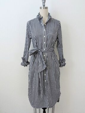 J. Crew Classic-Fit Ruffleneck Navy & White Gingham Midi Shirt Dress w/Tie Sz 6